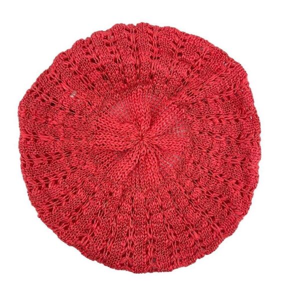 Women’s Red Gold Speckled Open Knit Crochet Ribbed Beanie Beret Hat One Size - Picture 4 of 10